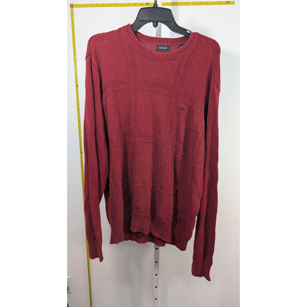 IZOD‎ Mens Burgundy Red Textured Grid Crewneck Cotton Pullover Sweater Size M